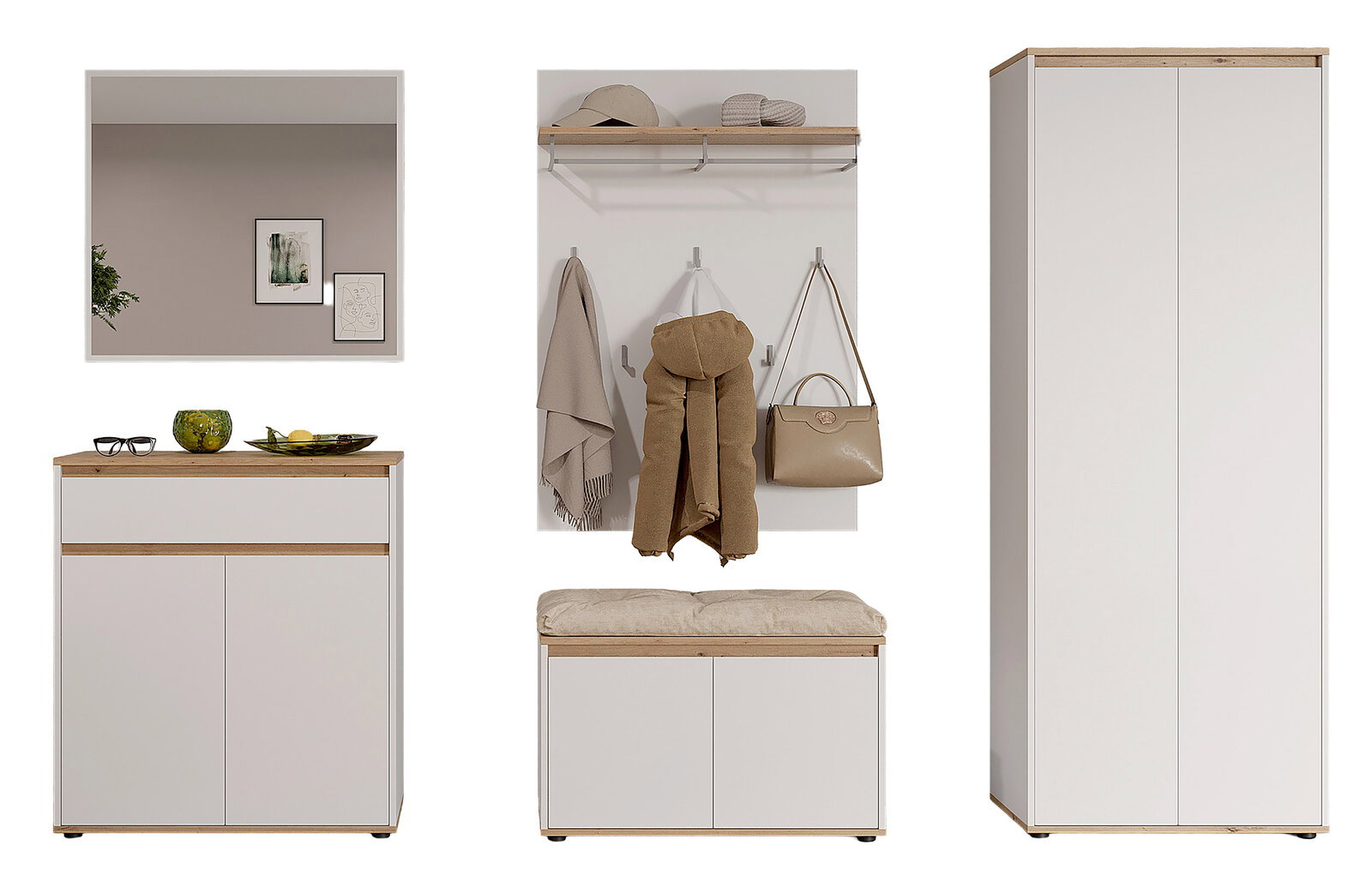 Moderner Flurmöbel-Set in Weiß mit Holzoptik: Spiegel, Garderobenpaneel mit Ablage und Haken, Sitzbank/Schuhschrank und hoher Garderobenschrank, frontal dargestellt