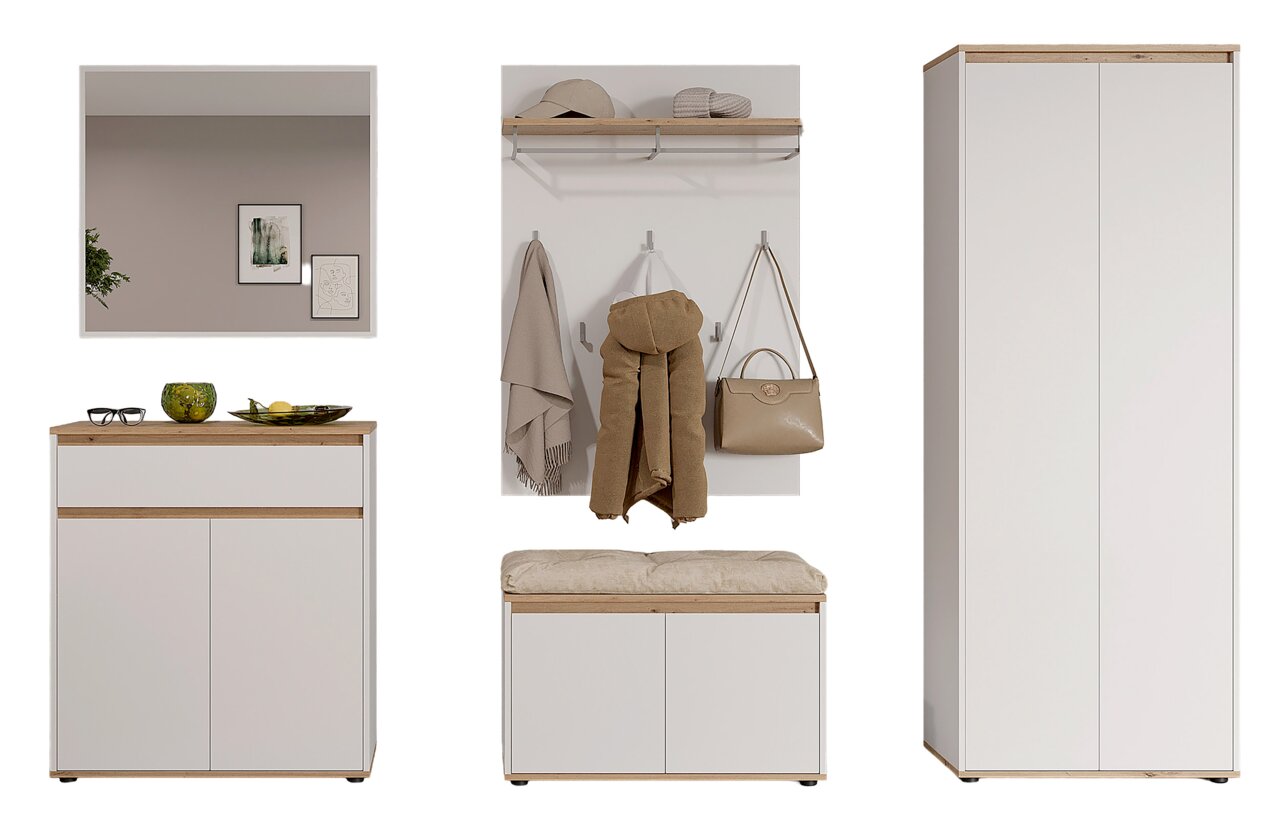 Moderner Flurmöbel-Set in Weiß mit Holzoptik: Spiegel, Garderobenpaneel mit Ablage und Haken, Sitzbank/Schuhschrank und hoher Garderobenschrank, frontal dargestellt