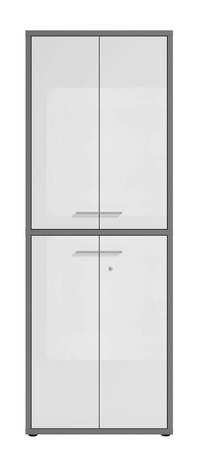 Hochformatiger Aktenschrank mit zwei Doppeltüren, grauer Rahmen und weiße Fronten, Frontalansicht