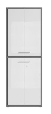Hochformatiger Aktenschrank mit zwei Doppeltüren, grauer Rahmen und weiße Fronten, Frontalansicht