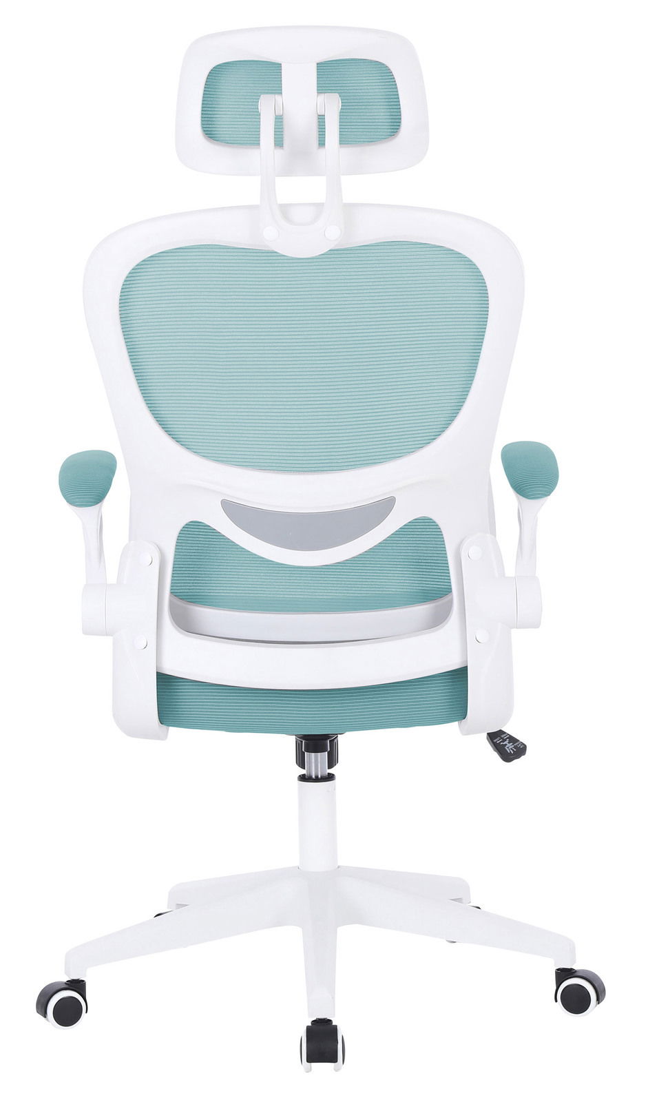 Moderner Drehstuhl in Weiß und Türkis, Rückansicht