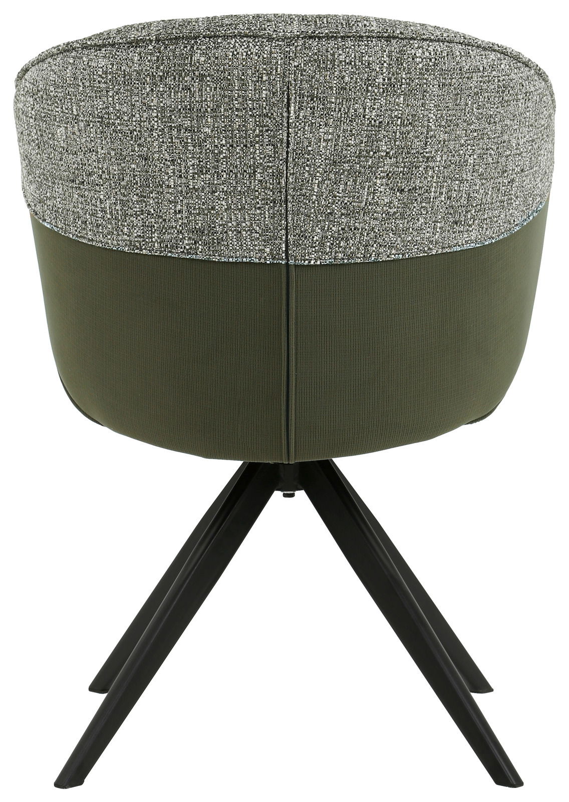 Rückansicht eines Armlehnstuhls mit grünem Stoffbezug und schwarzem Metallgestell.