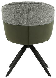 Rückansicht eines Armlehnstuhls mit grünem Stoffbezug und schwarzem Metallgestell.