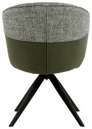 Achterkant van een fauteuil met groene stoffen bekleding en een zwart metalen frame.