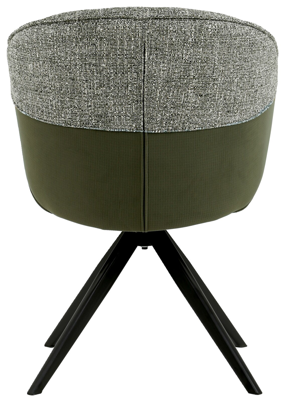 Achterkant van een fauteuil met groene stoffen bekleding en een zwart metalen frame.