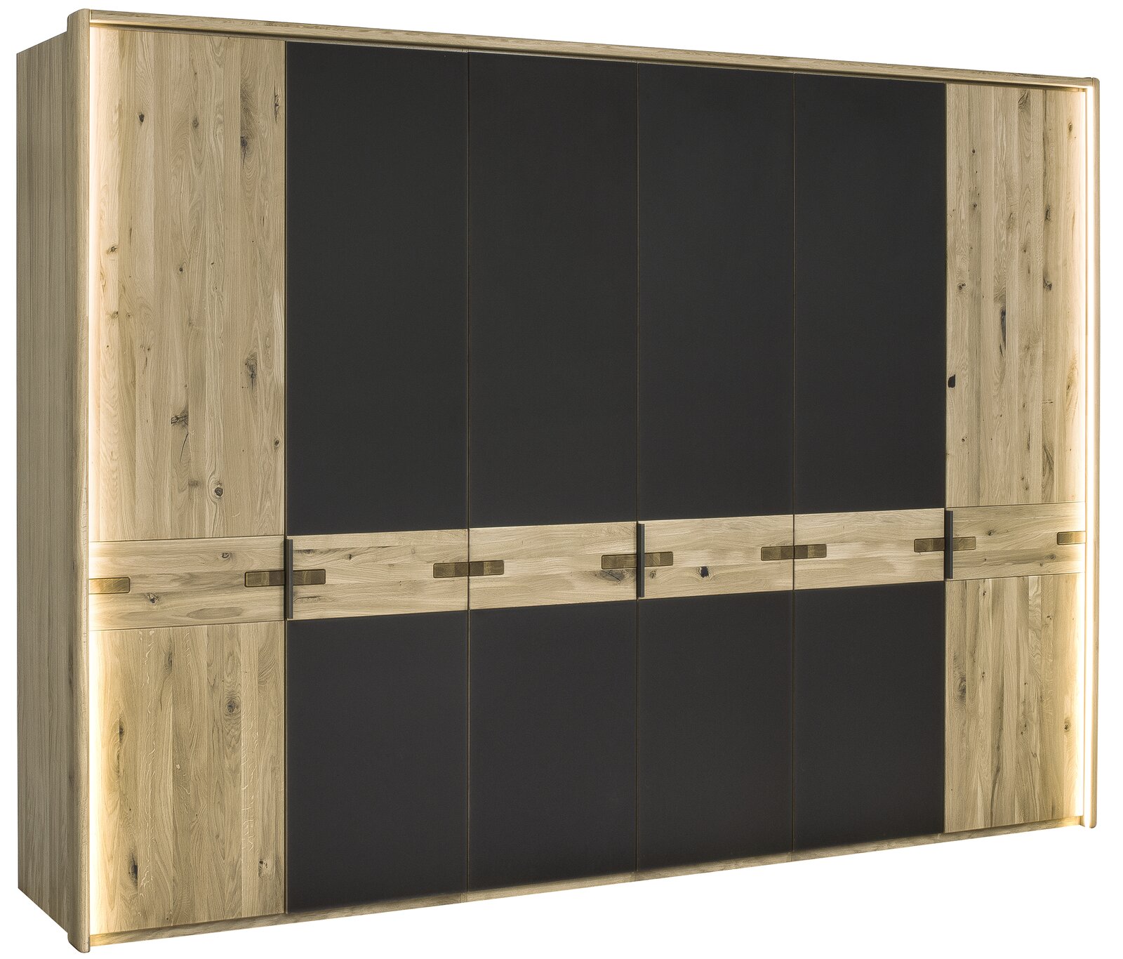 Moderner Kleiderschrank mit Holz- und dunklen Paneelen, frontal betrachtet.