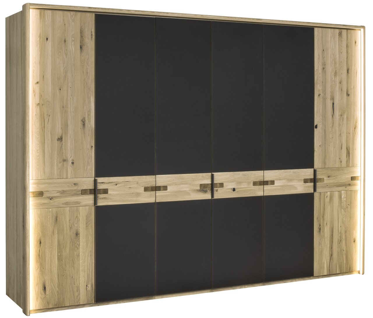 Moderner Kleiderschrank mit Holz- und dunklen Paneelen, frontal betrachtet.