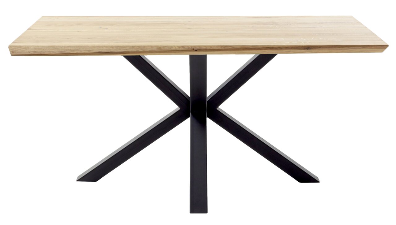 Moderner Esstisch mit Holzplatte und schwarzem Metallgestell in X-Form, Frontalansicht