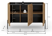 Frontale Ansicht eines Sideboards mit zwei offenen und zwei geschlossenen Fächern, Holzoptik mit schwarzen Elementen, Maße: 120 cm Breite, 81 cm Höhe, 40 cm Tiefe.