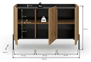 Frontale Ansicht eines Sideboards mit zwei offenen und zwei geschlossenen Fächern, Holzoptik mit schwarzen Elementen, Maße: 120 cm Breite, 81 cm Höhe, 40 cm Tiefe.