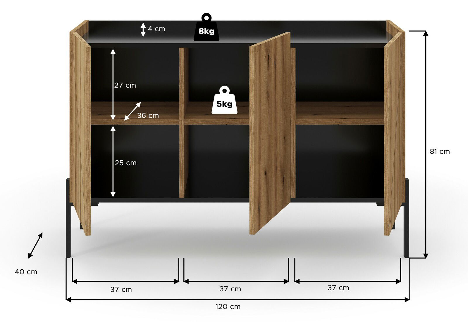 Frontale Ansicht eines Sideboards mit zwei offenen und zwei geschlossenen Fächern, Holzoptik mit schwarzen Elementen, Maße: 120 cm Breite, 81 cm Höhe, 40 cm Tiefe.