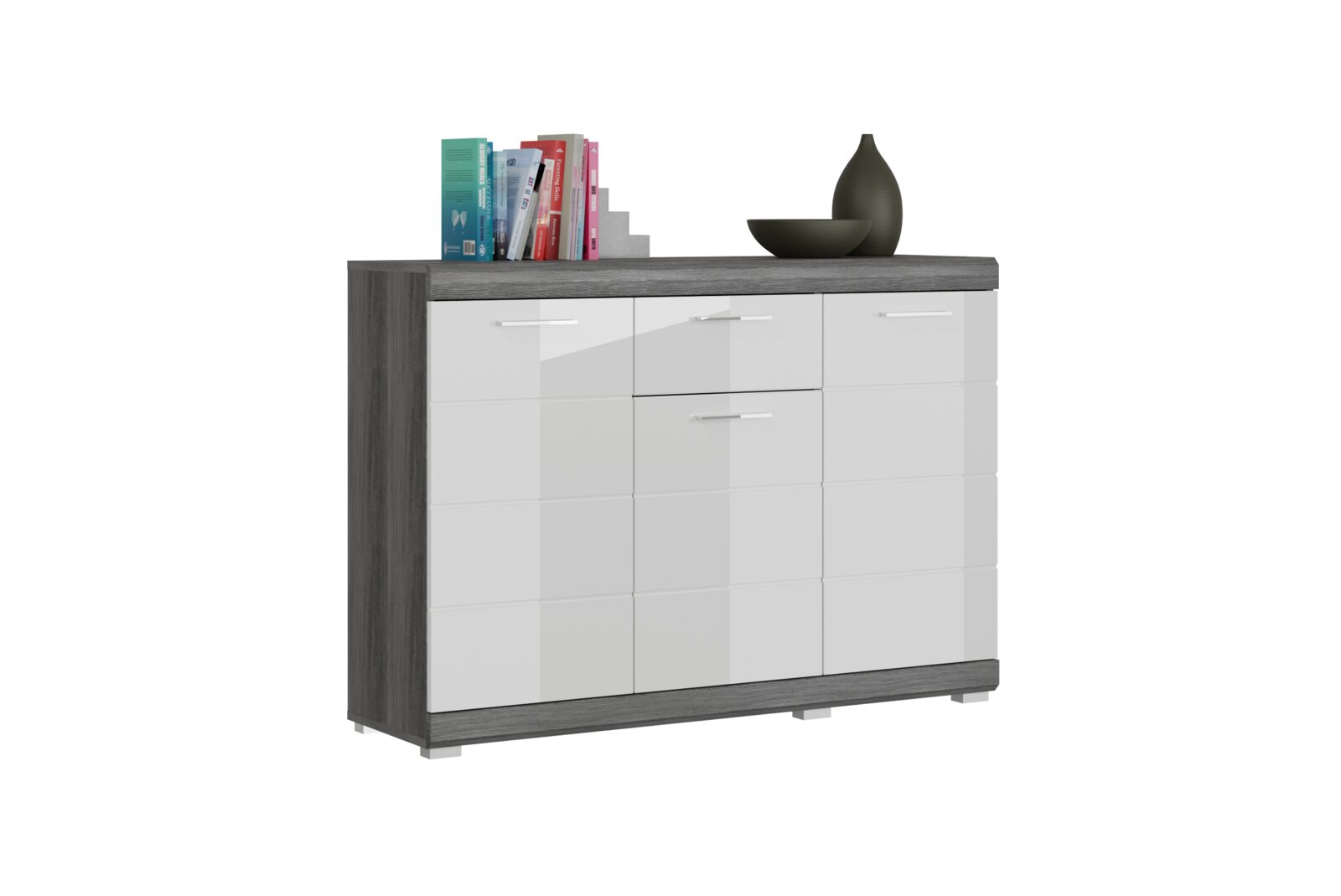 MID.YOU Kommode SCOUT Moderne Kommode/Sideboard mit grauem Holzdekor-Korpus und weiß glänzenden Fronten, mehrere Türen und Schublade mit silbernen Griffen, Studioaufnahme in frontaler Perspektive