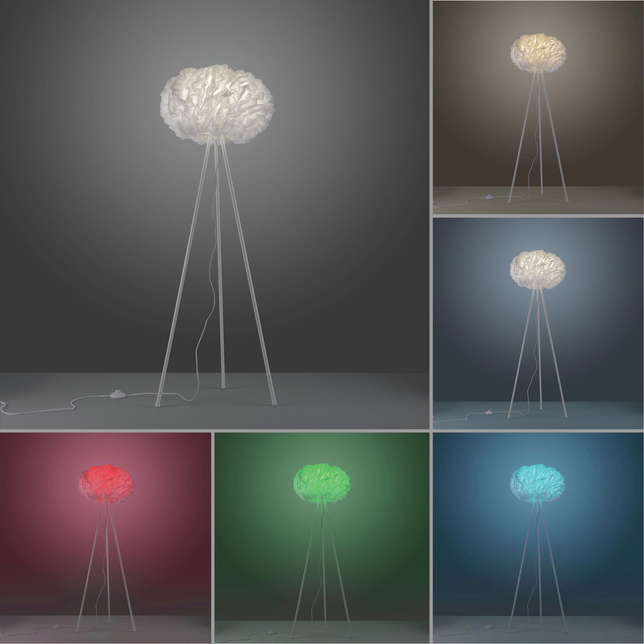 Stehleuchte LOLAsmart-NAOMI mit dreibeinigem Gestell und wolkenartigem Lampenschirm, aus verschiedenen Perspektiven und in unterschiedlichen Farben beleuchtet.