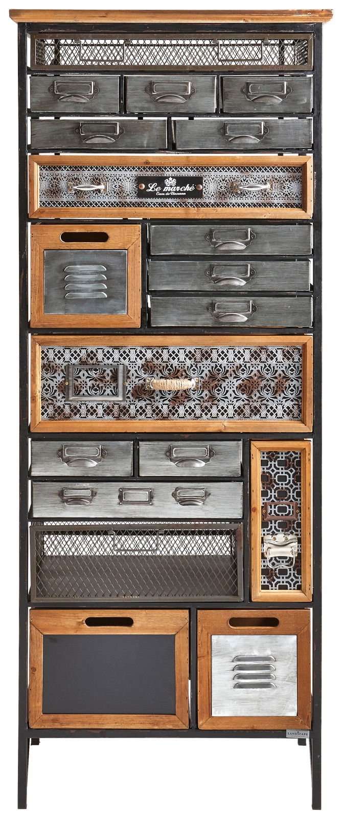 Hochkommode im industriellen Stil mit verschiedenen Schubladen und Fächern, frontal abgebildet.