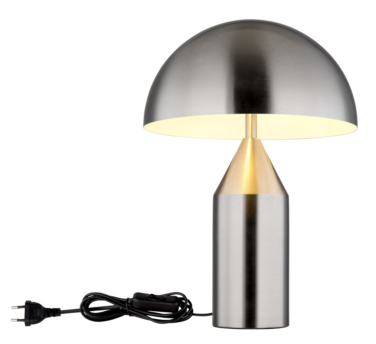 Moderne Tischleuchte ATOMA aus Metall in Silber mit halbrundem Schirm, seitliche Perspektive