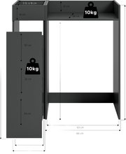 Dunkelgraues Regal/Beistelltisch mit Ablagefach und seitlichem Schrankelement, mit Maßangaben (u. a. 66 cm Breite, 58 cm Tiefe) und 10-kg-Belastbarkeit, dargestellt in frontaler Ansicht mit leicht seitlicher Perspektive.