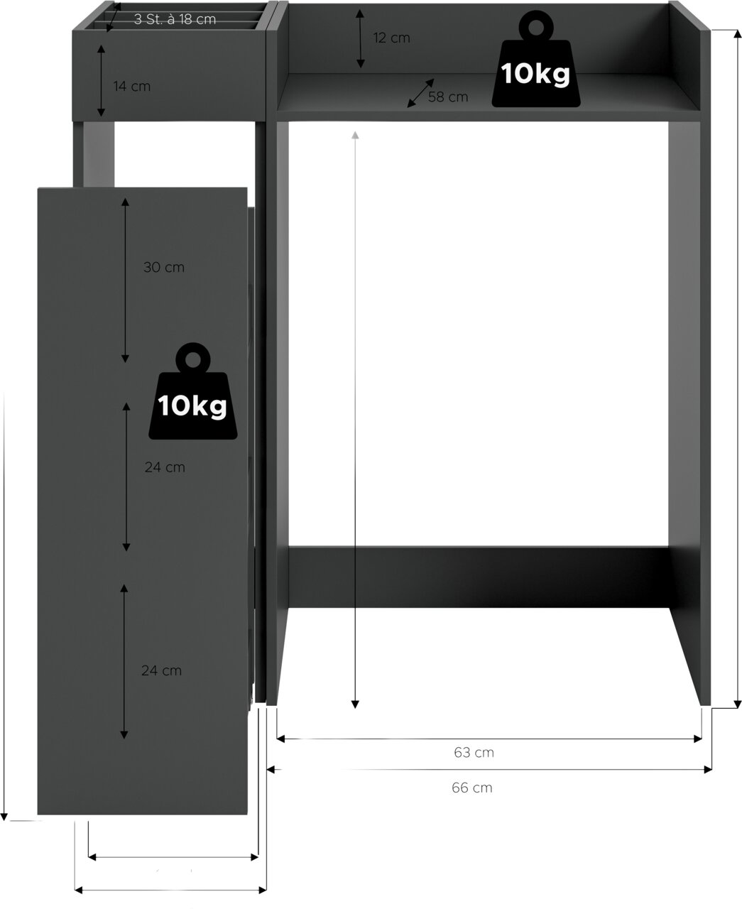 Dunkelgraues Regal/Beistelltisch mit Ablagefach und seitlichem Schrankelement, mit Maßangaben (u. a. 66 cm Breite, 58 cm Tiefe) und 10-kg-Belastbarkeit, dargestellt in frontaler Ansicht mit leicht seitlicher Perspektive.
