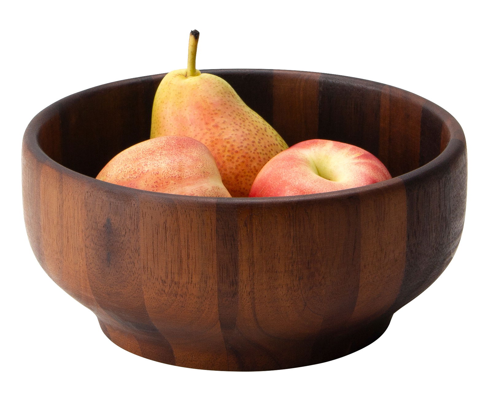 Holzschüssel aus Akazie mit Früchten, seitliche Perspektive