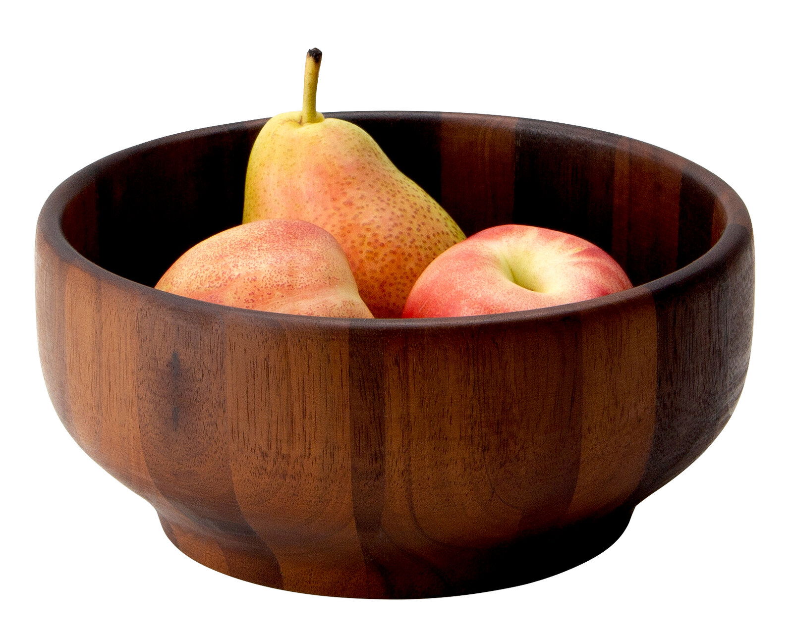 Holzschüssel aus Akazie mit Früchten, seitliche Perspektive