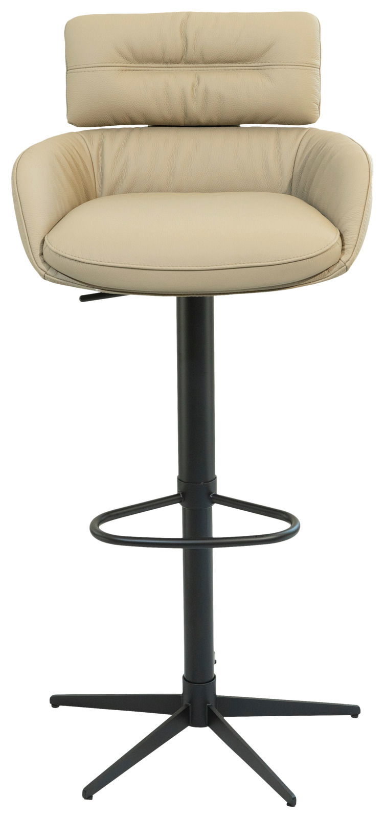 Moderner Barhocker mit beigem Polster und schwarzem Metallgestell, Frontalansicht