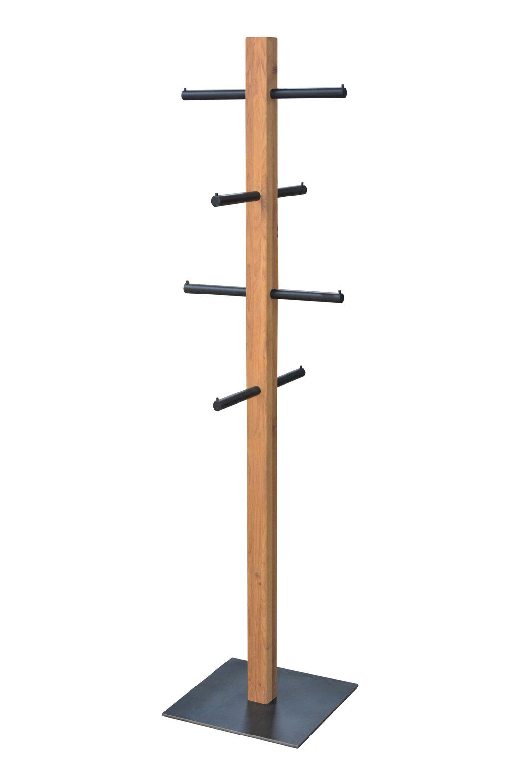 Moderner Kleiderständer aus Holz mit mehreren schwarzen Haken, seitliche Perspektive.