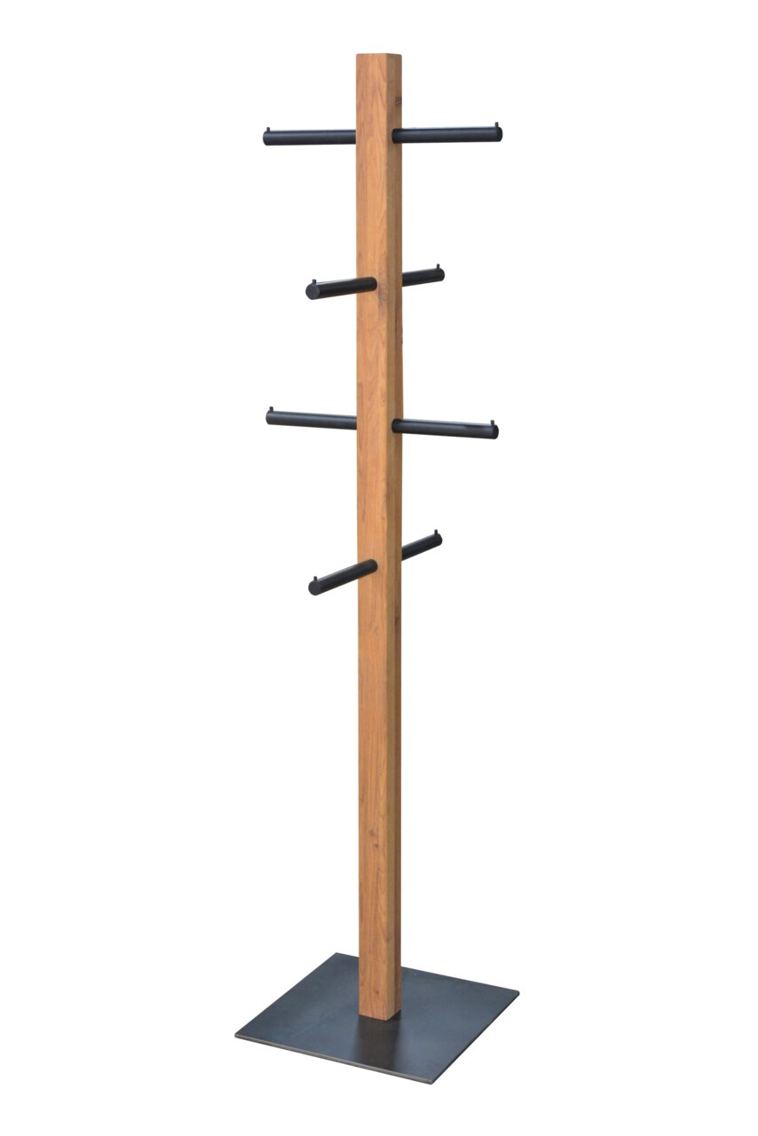 Moderne houten kledingstandaard met meerdere zwarte haken, zijaanzicht.