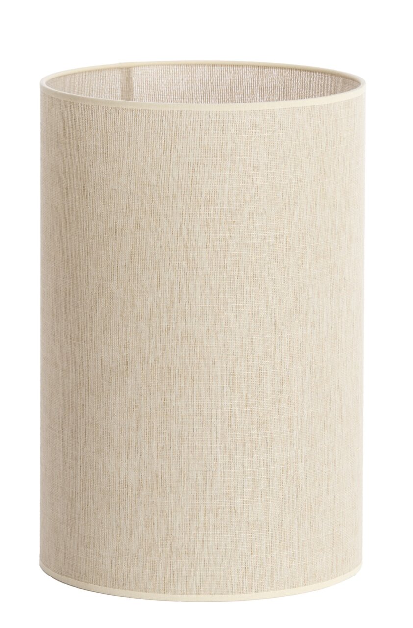 Zylindrischer, beiger Lampenschirm aus Stoff, frontal fotografiert.