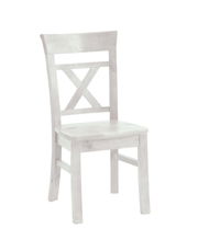 Weißer Holzstuhl mit X-förmiger Rückenlehne, seitliche Perspektive