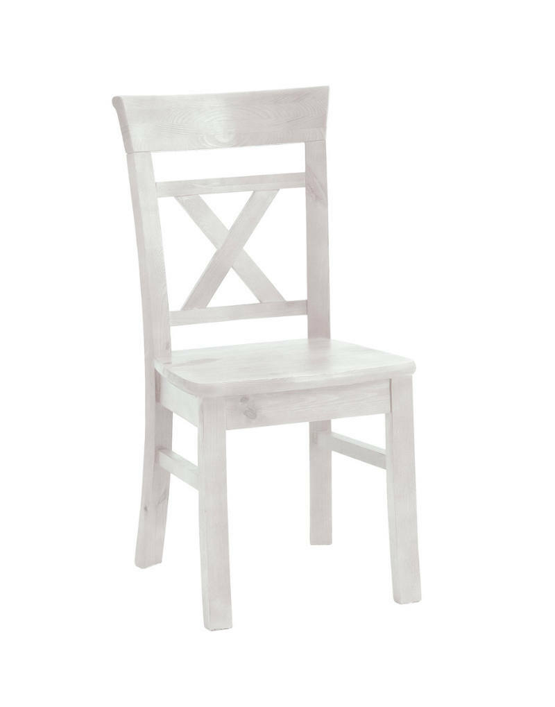 Weißer Holzstuhl mit X-förmiger Rückenlehne, seitliche Perspektive