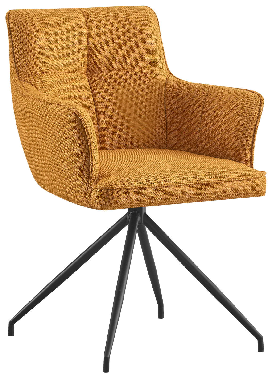 Gelber Armlehnstuhl mit schwarzem Metallgestell, seitliche Perspektive