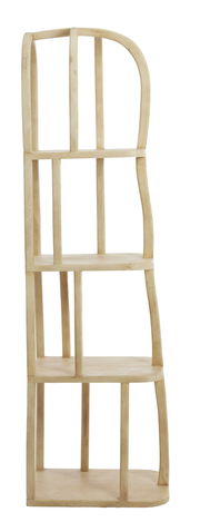 Holzregal mit geschwungenem Design, seitliche Perspektive