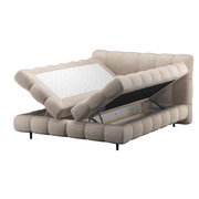 Beiges Boxbett mit Stauraum, seitliche Perspektive, geöffnetes Fach