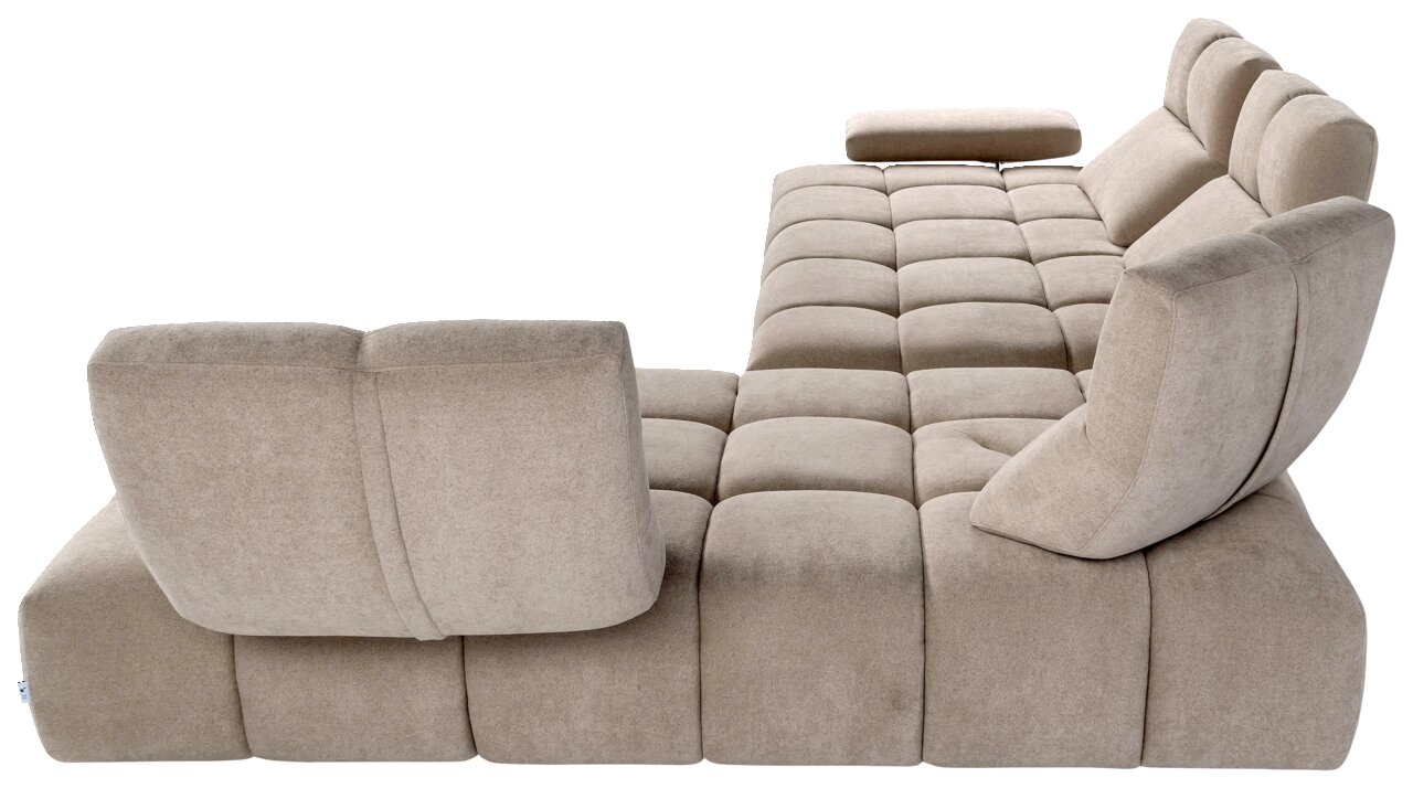 Beige hoekbank met gestoffeerde zittingen en rugleuningen, zijaanzicht