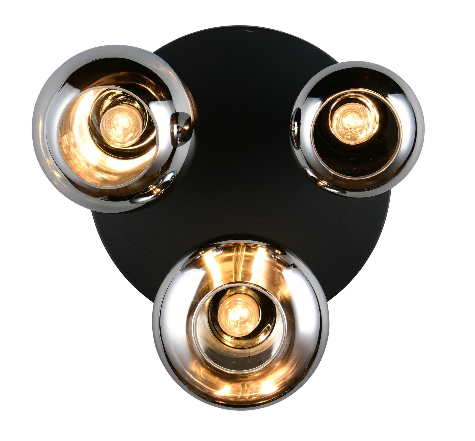 Trio Leuchten Plafondlamp LUMINA Moderne Deckenleuchte mit drei runden, verchromten Lampenschirmen, Ansicht von unten.