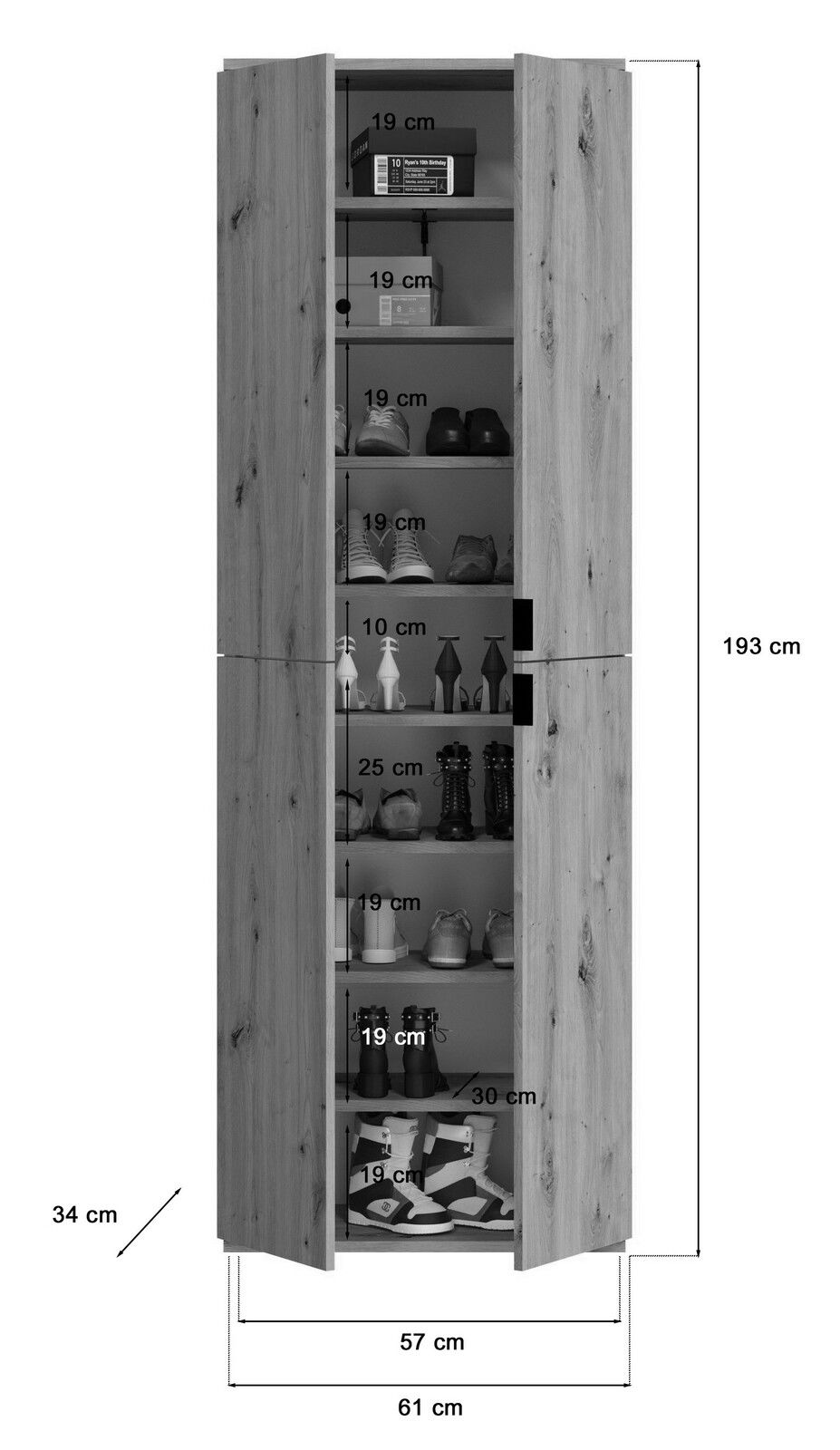 Garderobenschrank mit Holzoptik, offene Türen, mehrere Regalböden mit Schuhen, Frontalansicht