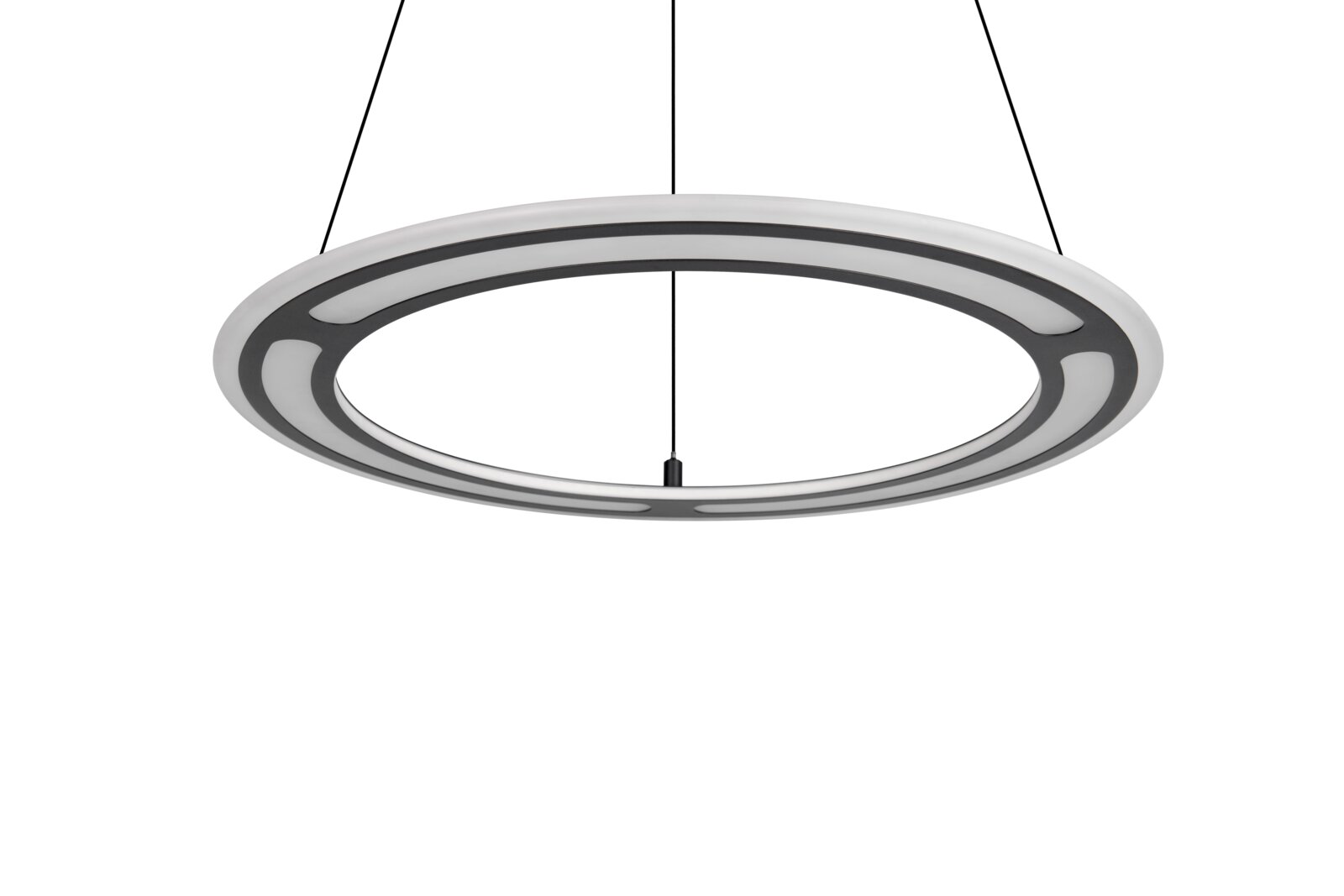 Moderne runde Pendelleuchte in Draufsicht, mit schwarzem und weißem Design, hängend an dünnen Kabeln.