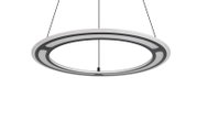 Moderne ronde hanglamp gezien van bovenaf, in een zwart-wit ontwerp, hangend aan dunne kabels.