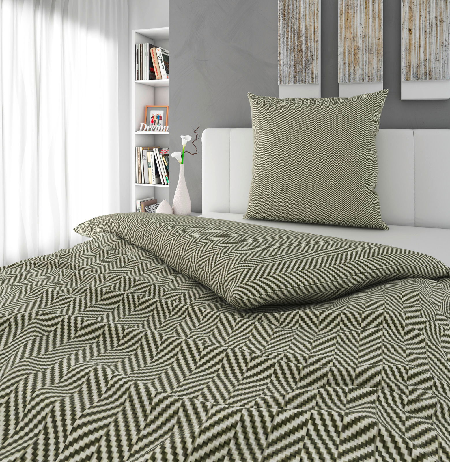 Bettwäsche-Set mit geometrischem Muster in Grün und Weiß auf einem Bett, seitliche Perspektive