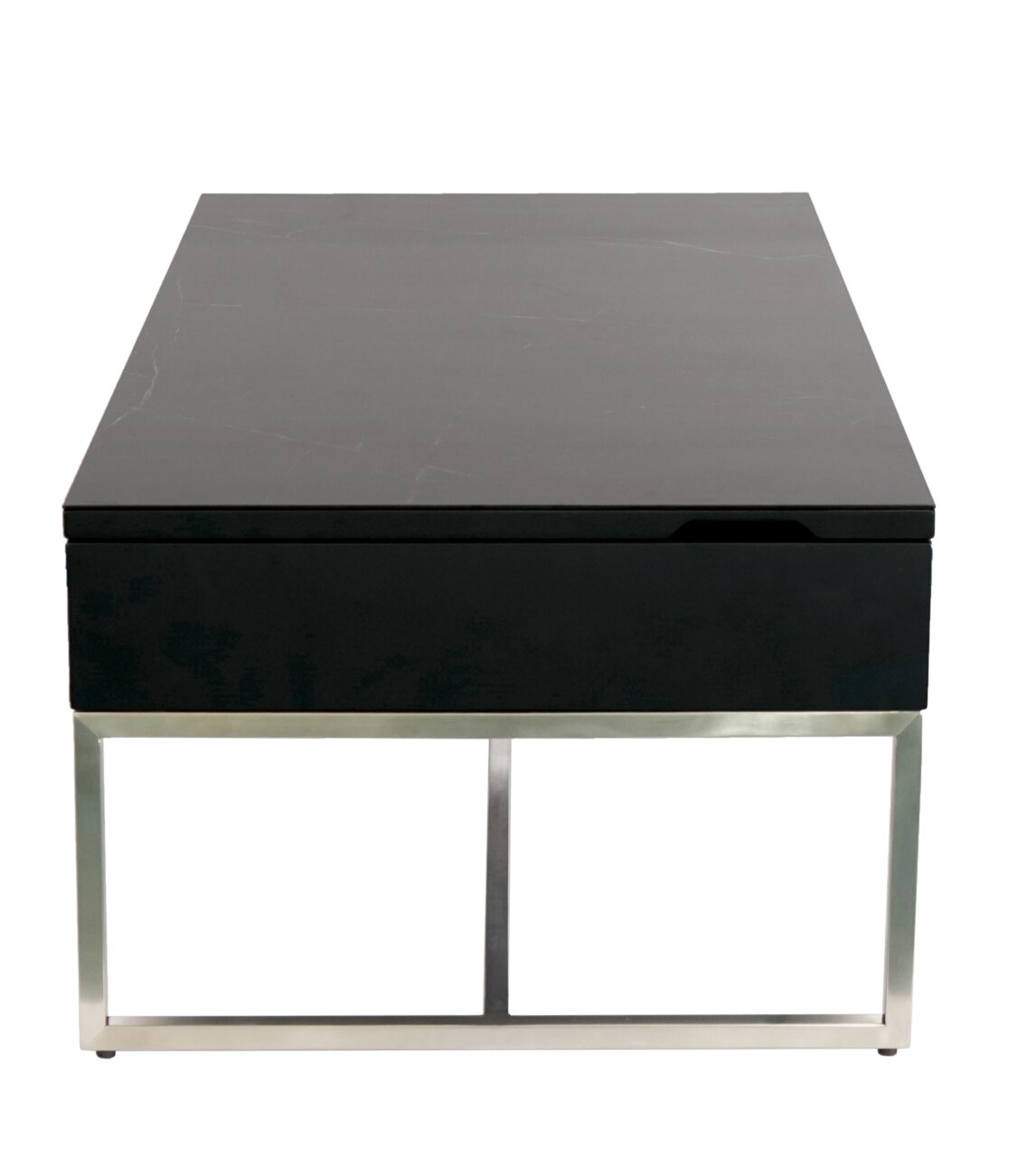 Moderner Couchtisch mit schwarzer Tischplatte und silbernem Metallgestell, Frontalansicht.