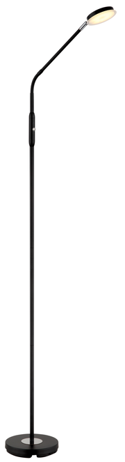 Schwarze LED-Stehleuchte mit flexiblem Hals und rundem Sockel, seitliche Perspektive