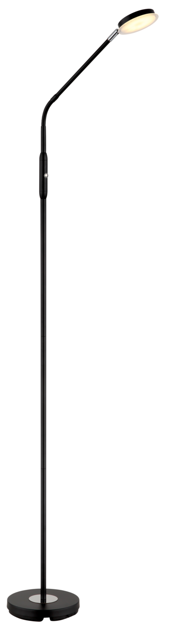 Schwarze LED-Stehleuchte mit flexiblem Hals und rundem Sockel, seitliche Perspektive