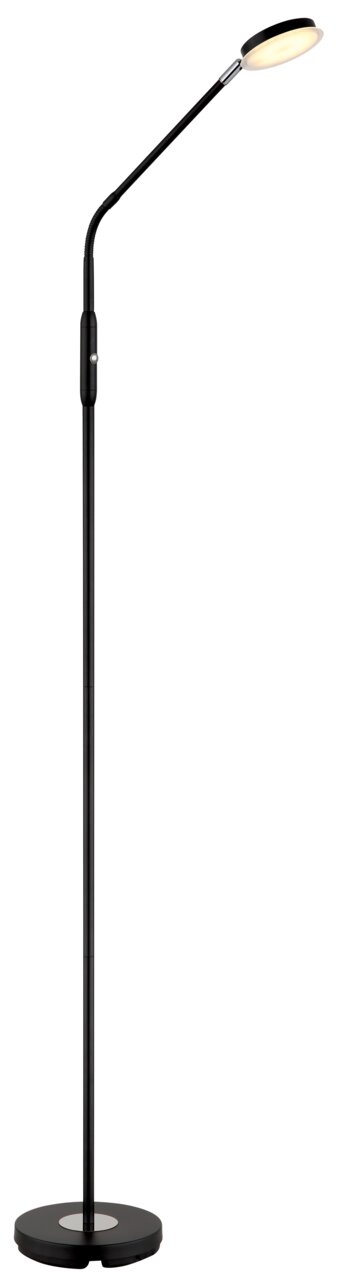 Schwarze LED-Stehleuchte mit flexiblem Hals und rundem Sockel, seitliche Perspektive