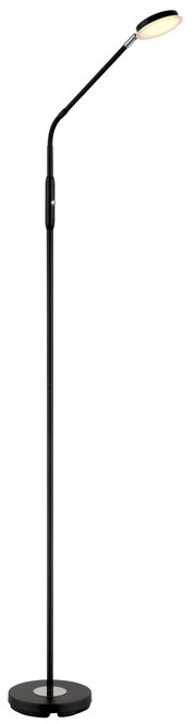 Schwarze LED-Stehleuchte mit flexiblem Hals und rundem Sockel, seitliche Perspektive