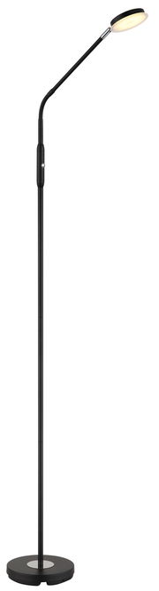 Schwarze LED-Stehleuchte mit flexiblem Hals und rundem Sockel, seitliche Perspektive