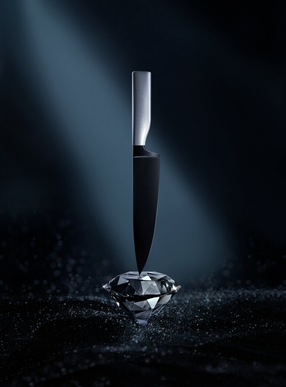 Ein elegantes schwarzes Messer mit silbernem Griff, das vertikal auf einem funkelnden Diamanten steht, vor einem dunklen, dramatisch beleuchteten Hintergrund.