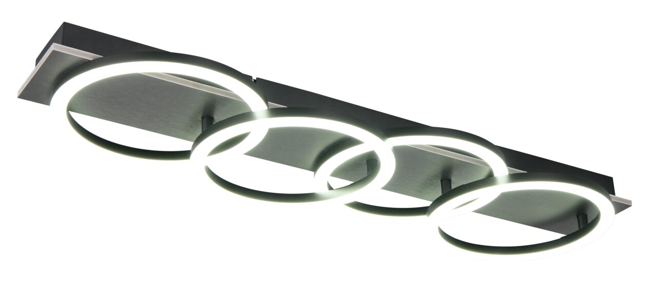 Moderne LED-Deckenleuchte mit vier leuchtenden Ringen, seitliche Perspektive
