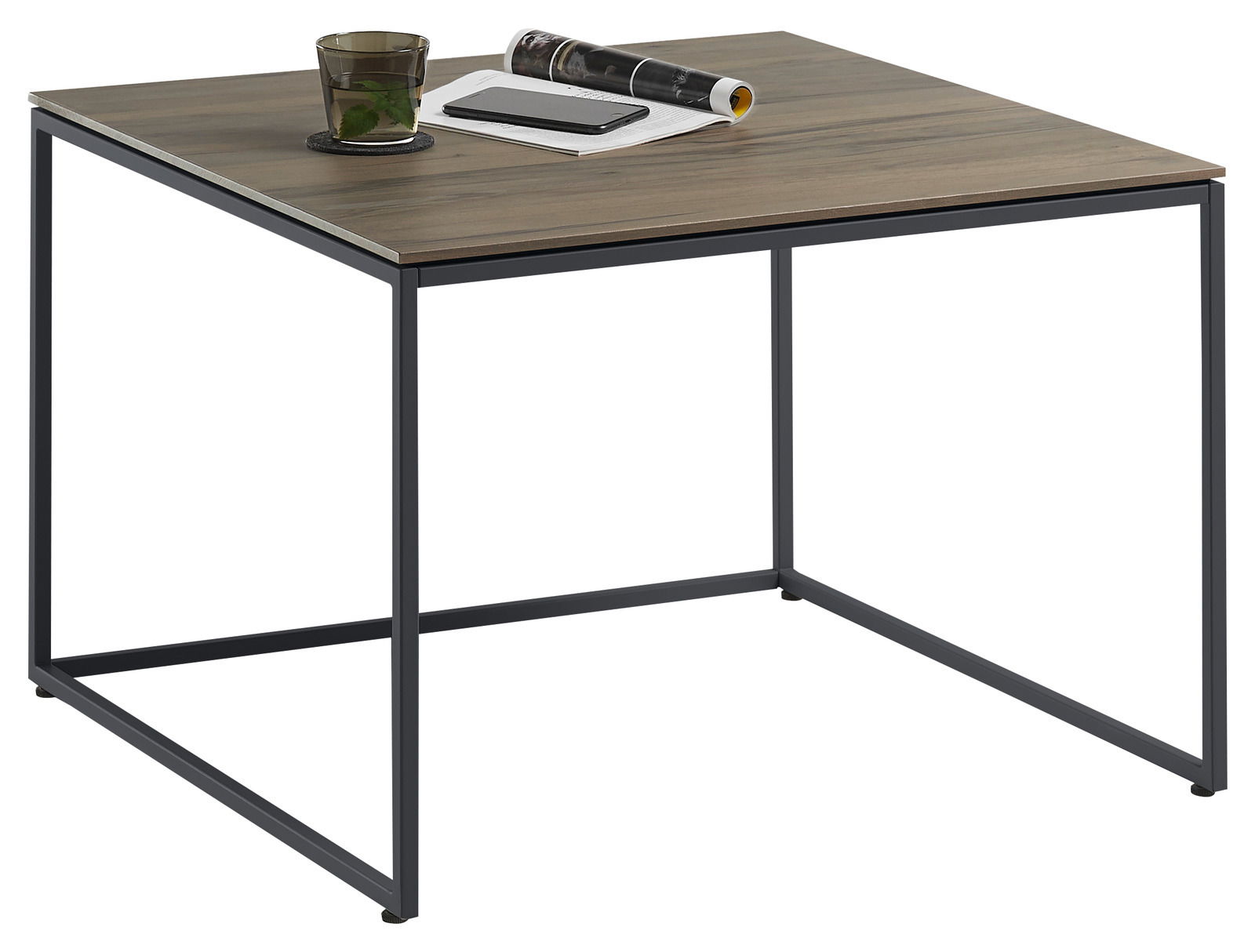 Moderner Beistelltisch mit Holzplatte und schwarzem Metallgestell, seitliche Perspektive