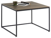 Moderner Beistelltisch mit Holzplatte und schwarzem Metallgestell, seitliche Perspektive