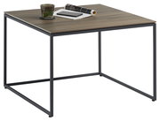 Moderner Beistelltisch mit Holzplatte und schwarzem Metallgestell, seitliche Perspektive