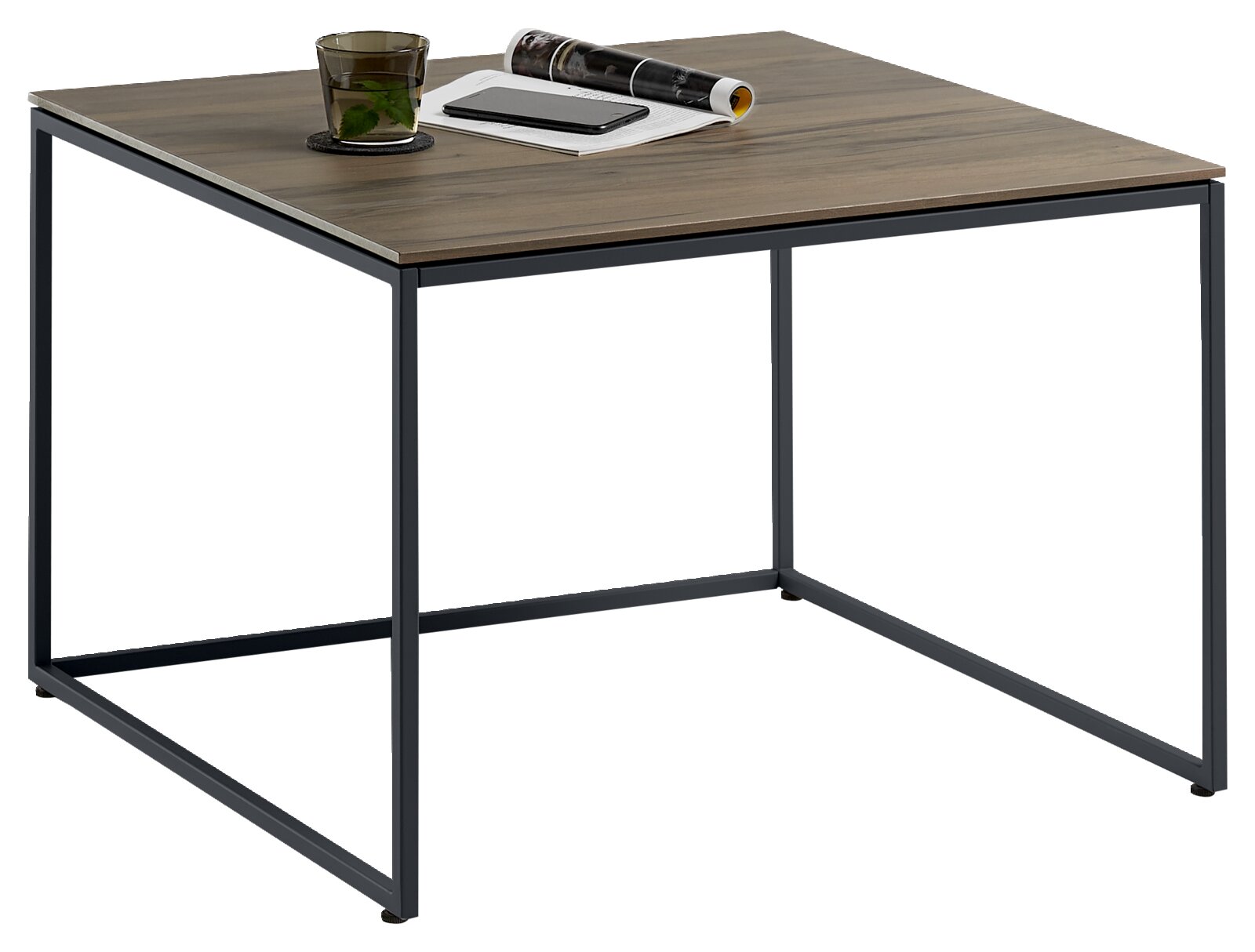 Moderner Beistelltisch mit Holzplatte und schwarzem Metallgestell, seitliche Perspektive